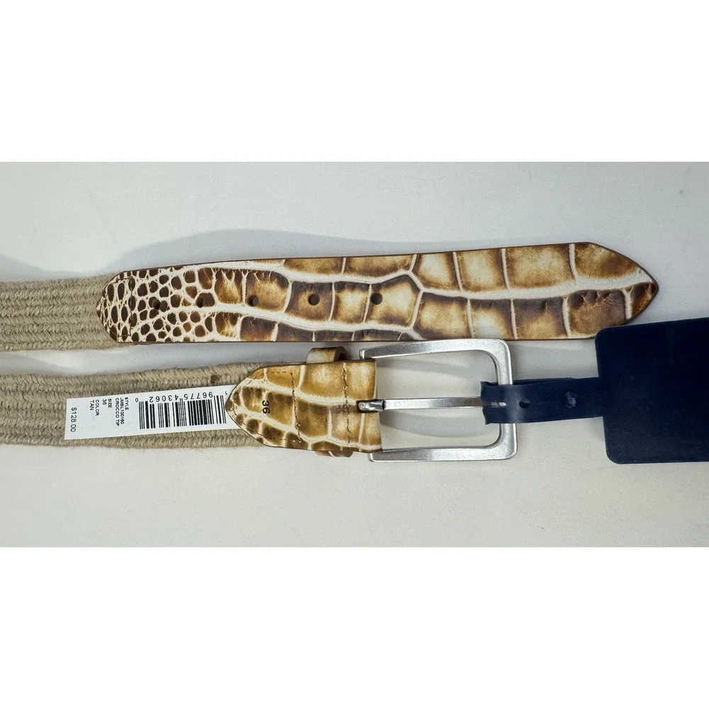 NWT Johnnie-O Croc Tip Leather Stretch Canvas Belt Tan CROCCO TIP Size 36 $128